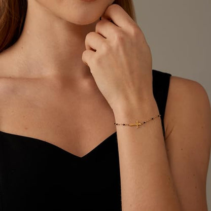 18K Gold Plated Pearl Beaded Cross Bracelets for Women Adjustable Stainless Steel Dainty Thin Gold Box Cuban Twisted Link Chain Bracelet Bridesmaid Jewelry Gifts - color: Black Cross-Gold