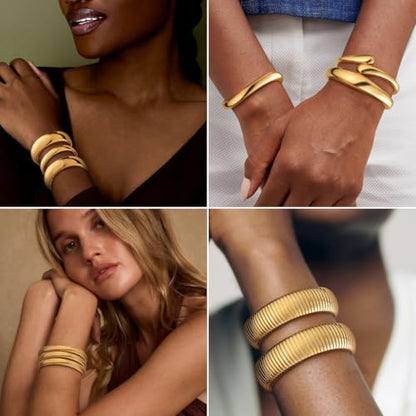 Honsny 2-3Pcs Chunky Gold Bangle Bracelets for Women Non Tarnish Stackable 14K Gold Plated Charm Cuff Bracelet Stack for Women Trendy Dainty Big Bangles Waterproof Jewelry Fashion Gifts