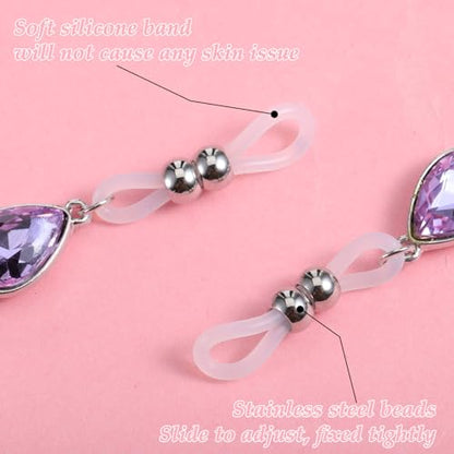Pearls Nipple Rings Non Piercing, Purple Rhinestone Nipple Clips Adjustable Nipples Jewelry for Women, Non Pierced Pendant Faux Nipples Piercing Body Chains