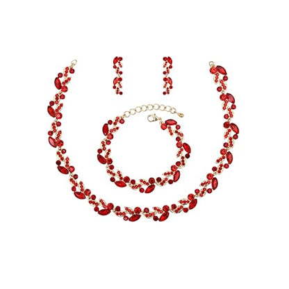 QLLYHLH Woman’s Brides Bridesmaid Leaf Choker Necklace Dangle Earrings Link Bracelet Austrian Crystal Wedding Jewelry Set Prom Costume Party Events | Brides, Bridesmaid, Prom, Events, Costume Party, Leaf - color: Red-Gold Plated