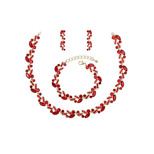 QLLYHLH Woman’s Brides Bridesmaid Leaf Choker Necklace Dangle Earrings Link Bracelet Austrian Crystal Wedding Jewelry Set Prom Costume Party Events | Brides, Bridesmaid, Prom, Events, Costume Party, Leaf - color: Red-Gold Plated
