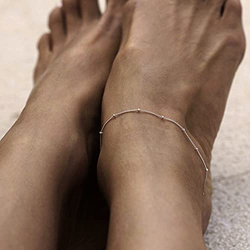 Dainty Simple Chain Anklet for Women 18k Gold/Silver Plated Summer Beach Beaded Evil Eye Moon Figaro Butterfly Satellite Cuban Pearl Flat Marina Anklet Gift - color: Satellite -Silver