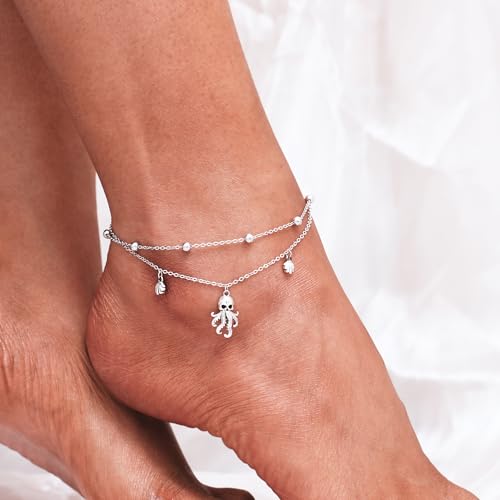 CHIC & ARTSY 925 Sterling Silver Ankle Bracelets for Women, Adjustable Layered Foot Chains with Nature & Symbol Charms, Lightweight Comfort Fit Boho Beach Everyday Jewelry - color: 2# Octopus Anklet