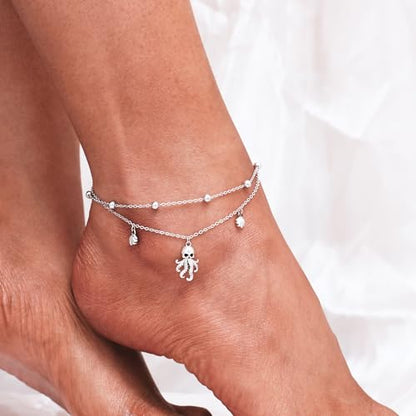 CHIC & ARTSY 925 Sterling Silver Ankle Bracelets for Women, Adjustable Layered Foot Chains with Nature & Symbol Charms, Lightweight Comfort Fit Boho Beach Everyday Jewelry - color: 2# Octopus Anklet