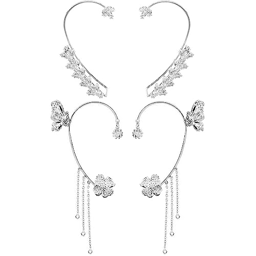 2 Pairs Dainty Silver Butterfly Ear Cuffs & Wraps for Women Non Piercing Bling Butterfly Tassel Style Zircon Earrings Ear Clips Bridal Wedding Jewelry - color: Silver-B