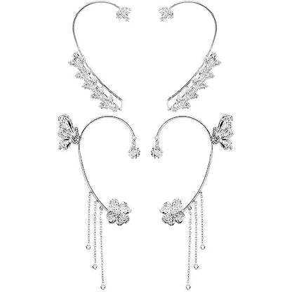 2 Pairs Dainty Silver Butterfly Ear Cuffs & Wraps for Women Non Piercing Bling Butterfly Tassel Style Zircon Earrings Ear Clips Bridal Wedding Jewelry - color: Silver-B