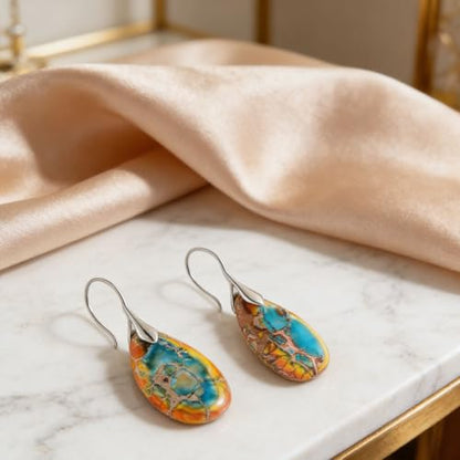 Boho Natural Imperial Jasper Teardrop Dangle Earrings for Women – Hypoallergenic French Hook Stone Drop Earrings Jewelry - color: Yellow Green Silvery Hook