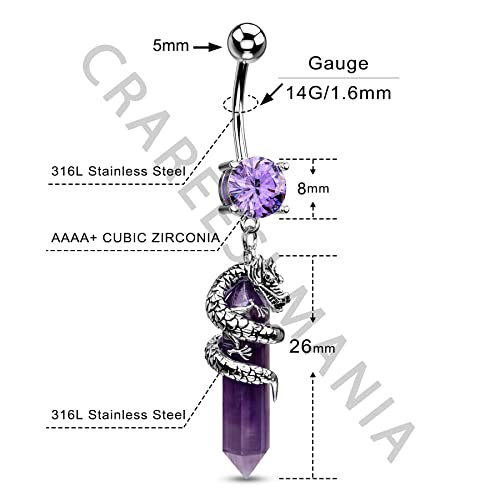 Halloween Belly Button Ring 14G Dragon Dangle Belly Ring Burn Silver Navel Piercing Jewelry Purple Belly Button Piercing - color: Purple