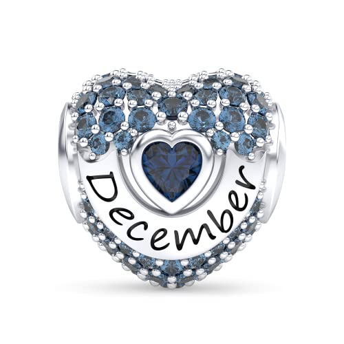 Birthstone Charms Love Heart Openwork Bead Charm for Women Bracelets and Necklaces 925 Sterling Silver with 5A Cubic Zirconia,Jewelry Gifts Women - color: December Birthstone Charms