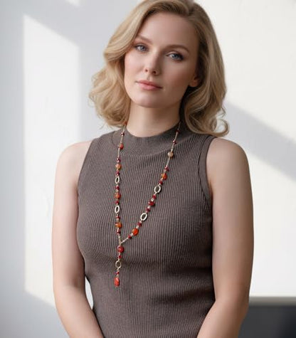 FULU AUTUMN Long Gold Beaded Necklaces for Women Natural Stone Bead Statement Pendant Necklace Y Sweater Chain Fashion Jewelry Gifts - color: Red