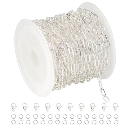 UMAOKANG 5 Meters Silver Chain for Women Necklace Bracelet DIY Paperclip Chains Bulk with Jump Rings and Lobster Clasps Jewelry Findings - color: Silver Paperclip
