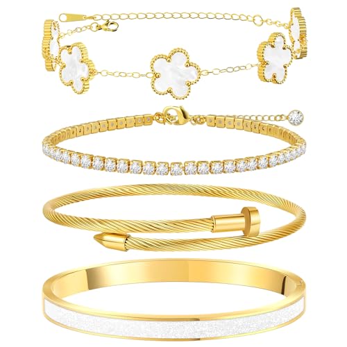 MOINSPIRE Gold Bracelets for Women, 18K Gold Plated Tennis Nail Clover love Bangle Bracelets Set Non Tarnish, Stainless Steel Trendy Stackable Bracelet Fashion Jewelry Accessories Gifts for Christmas - color: A2-White