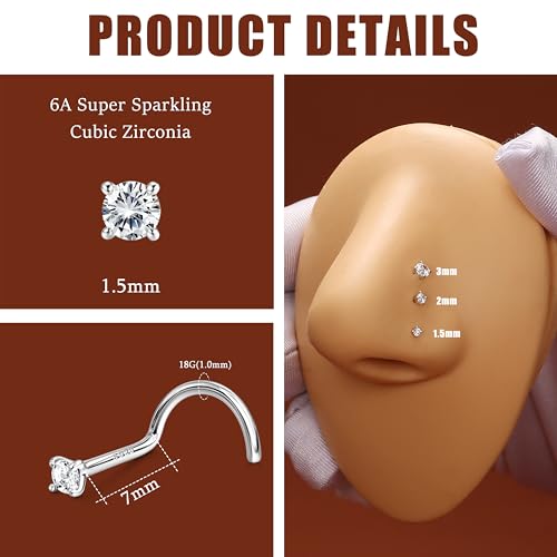 MILACOLATO 925 Sterling Silver Nose Studs, 18G 20G Corkscrew Nose Ring, Simulated Diamond CZ Hypoallergenic Nose Piercings for Women Men 1.5 2 3MM