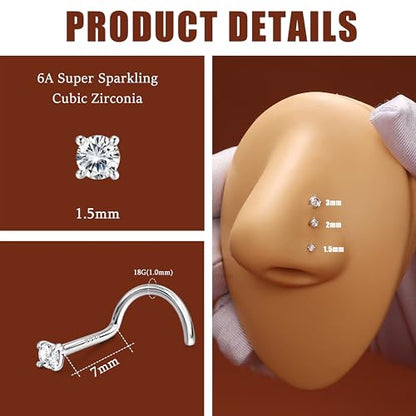 MILACOLATO 925 Sterling Silver Nose Studs, 18G 20G Corkscrew Nose Ring, Simulated Diamond CZ Hypoallergenic Nose Piercings for Women Men 1.5 2 3MM