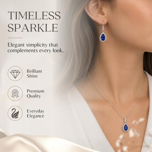 Jewelry Sets for Women, Necklace and Earring Sets for Women, Birthstone Jewelry, Genuine or Synthetic Gemstones, Teardrop Necklace and Dangle Earrings, Pendant Necklace, Sterling Silver Jewelry - color: Created Blue Sapphire