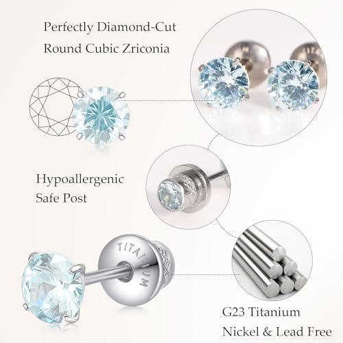 Limerencia Birthstone Screw Back Earrings G23 Implant Grade Titanium Stud Earrings Hypoallergenic Cubic Zirconia Posts Studs Jewelry Gifts for Girls Sensitive Ears - color: March