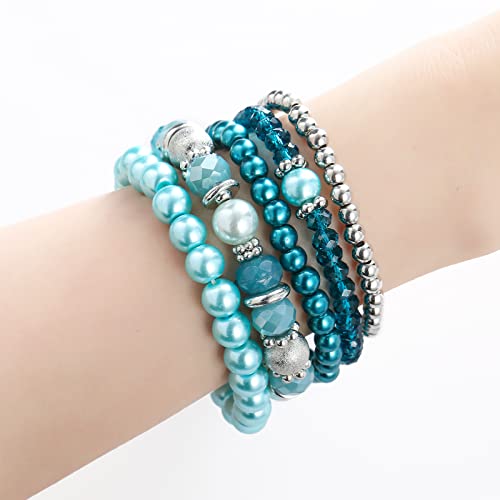Noessla Beaded Pearl Stretch Bracelet Silver Stackable Crystal Beads Bracelets Trendy Costume Jewelry Mothers Day Gifts for Women - color: Turquoise
