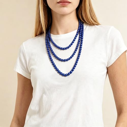 Long Pearl Necklaces for Women Cream White Faux Pearl Strand Layered Necklace Costume Jewelry - color: Navy Blue
