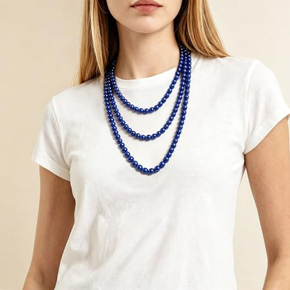 Long Pearl Necklaces for Women Cream White Faux Pearl Strand Layered Necklace Costume Jewelry - color: Navy Blue