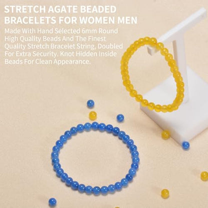 2PCS Agate Bracelet for Women Men Natural Round Beaded Agates Stone Healing Stretch Bracelets Elastic Handmade Polished Gemstone Beads Bracelet - color: Yellow+Blue, size: 6mm Beads