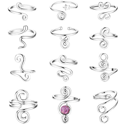 12PCS Adjustable Toe Rings for Women 14K Gold Plated | Open African Toe Rings, Summer Beach Foot Jewelry Set - color: Silver