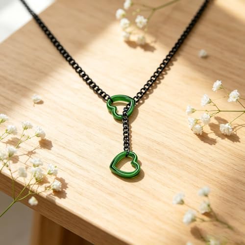 Choker Necklace for Women Gothic Goth Stainless Steel Slip Chain Chunky Long Drop Mens Punk Necklace Jewelry Gift - style: Green Heart