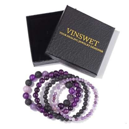 Vinswet 4pcs Beaded Bracelets for Women,Natural Healing Crystal Gemstones Bracelet,Anxiety Stress Relief Bracelet Handmade purple Jewelry Gifts for Women - color: Lepidolite&Lava Rock&Amethyst