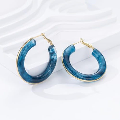 Chunky Gold Resin Hoop Earrings Leverback Statement Huggie Hoops Dangle Drop Dressy Earring Prom Festival Vacation Jewelry for Women - color: Royal Blue, size: Hoop