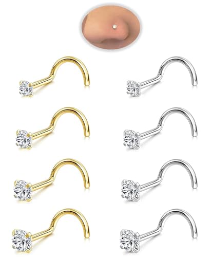 8Pcs Nose Rings Studs Set for Women Men: Hypoallergenic G23 Titanium/316L Surgical Stainless Steel Nose Studs, Nickel-free Lead-free L Shaped Corkscrew Nose Piercing Jewelry CZ 1.5mm 2mm 2.5mm 3mm - style: 8pcs 18G Gold/Silver - Stainless Steel