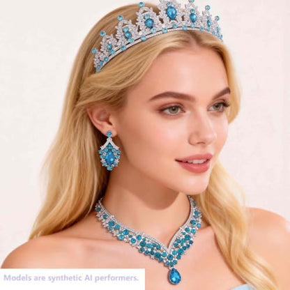 Kamirola Bridal Wedding Tiara Crown Jewelry Set for Women/Brides/Bridesmaids Crystal Jewelry Set for Wedding Prom Party Bridal Crystal Necklace Earrings Bracelet Set(TR60) - color: Silver Skylbue