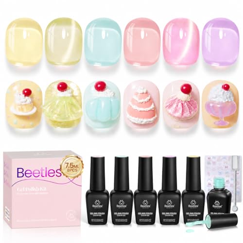 Beetles Jelly Gel Nail Polish Set, 6 Colors Pastel Cat Eye Gel Polish | Blue Purple Yellow Green Glitter Gel with Magnet Sticker Soak Off UV Gel Nail Art Salon DIY at Home Gift for Women - color: Soft Glow Pudding