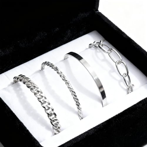 Gold Bracelets for Women, 5 Pcs Non-Tarnish Gold Plated Stackable Bangles with Beaded, Knot, Twisted, Cuff & Chain Designs, Everyday Jewelry Gifts - color: Silver-4pcs