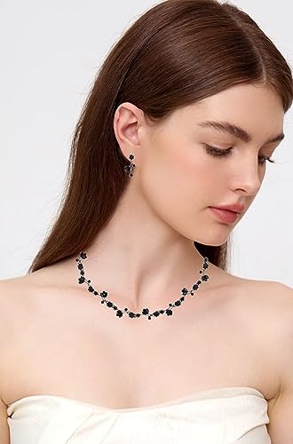 Elegant Brides Austrian Crystal Flower Choker Necklace Drop Dangle Earring Bracelet Wedding Jewelry Set for Bridesmaid Prom Costume Jewelry Set for Women - color: Black-Jet