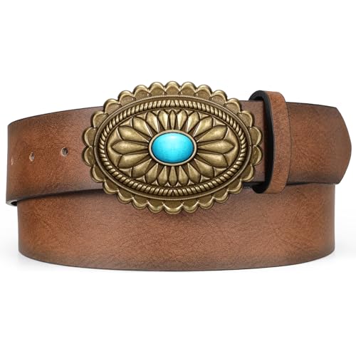 XZQTIVE Women Western Leather Belt Vintage Country Belts For Cowgirl Jeans Dresses Ladies Concho Belt With Turquoise Buckle - size: S Fit Pant 25-29in, style: Coffee With Gold Buckle