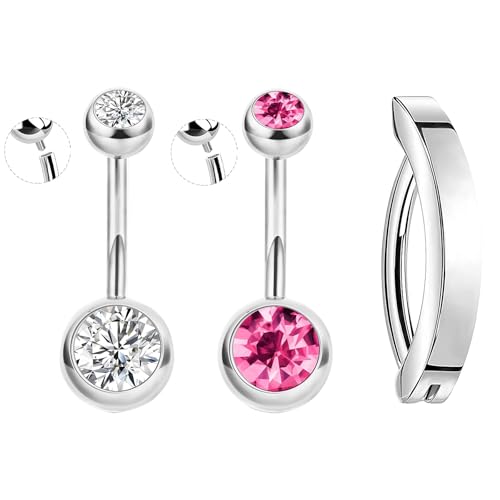 TIANCI FBYJS 3pcs G23 Titanium Pink Belly Button Rings Internally Threaded 10mm Clicker Reverse Curved Hoop Navel Barbell Piercing Jewelry CZ Belly Rings for Women Men - color: silver