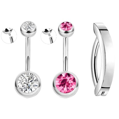 TIANCI FBYJS 3pcs G23 Titanium Pink Belly Button Rings Internally Threaded 10mm Clicker Reverse Curved Hoop Navel Barbell Piercing Jewelry CZ Belly Rings for Women Men - color: silver