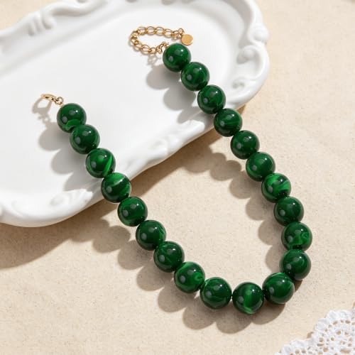 Chunky Beaded Necklace for Women Trendy Boho Collar Statement Necklace Large Round Resin Beads Choker Necklaces Summer Beach Jewelry Gifts - color: Dark Green