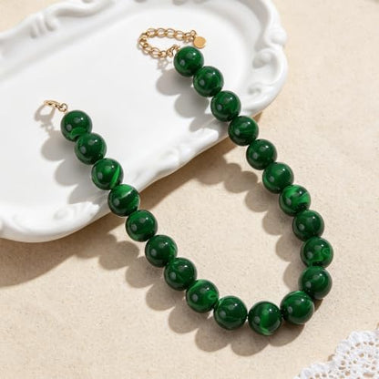 Chunky Beaded Necklace for Women Trendy Boho Collar Statement Necklace Large Round Resin Beads Choker Necklaces Summer Beach Jewelry Gifts - color: Dark Green