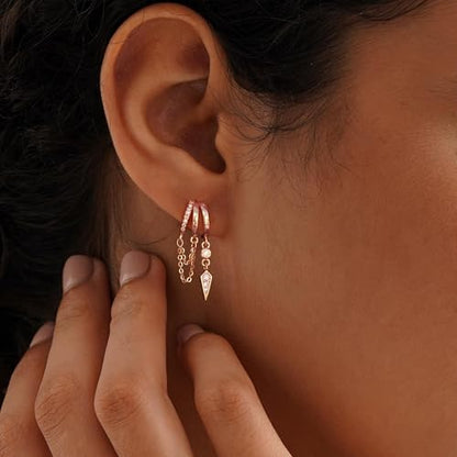 Dangle Earrings for Women,14k Gold Plated Triple Huggie Stud Earrings Cute Statement Chain Earring Dainty Drop Earrings for Women Trendy Gold Plated Jewelry - color: rose gold -dangle1