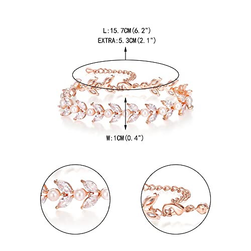 EVER FAITH Gorgeous Cubic Zirconia Pearl Wedding Link Bracelet for Bride | Marquise Teardrop Crystal Bridal Prom Jewelry, for Women Bridesmaids - style: Marquise_Clear Rose Gold-Tone