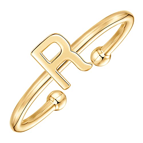 PAVOI 14K Gold Plated Initial Letter Ring for Women, Adjustable Band | Thin Initial Band - Dainty Fashion Jewelry Gifts - style: - R