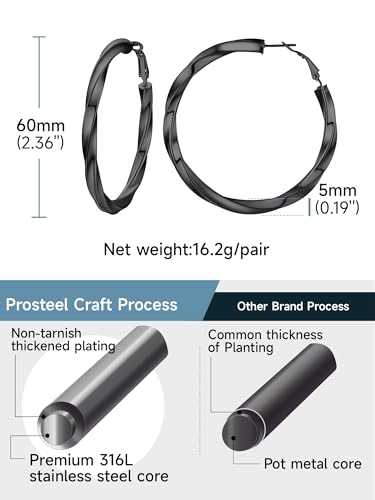 PROSTEEL Chunky Hoop Earrings for Women 14K Gold Plated/Black/Silver | 20/30/40/50/60/70/80mm Stainless Steel Thick Big Round Hoop with Waterproof and Non Tarnish Trendy Jewelry with Gift Box - color: 4. Black, size: 60MM