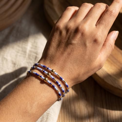 Small Seed Beaded Stack Bracelets Set for Women,Boho Handmade 3Pcs Colorful Glass Gold Stretch Accessories Jewelry, Summer Beach Wear Holiday Friendship Gift - color: Blue