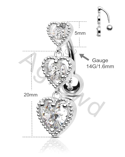 Triple Heart Dangle Belly Button Rings - 14G Reverse Navel Rings Dangly Cute Belly Piercing Jewelry - Stainless Steel - color: Silver
