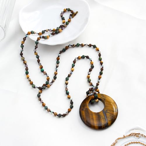 Yomisa Long Necklaces for Women Trendy, 33/34/35 inch | Boho Beaded Necklaces for Women, Natural Stone Pendant, Handmade Knotted Bead, Bohemian Holiday Summer Western Charm Jewelry - color: 33inch-Tiger Eye