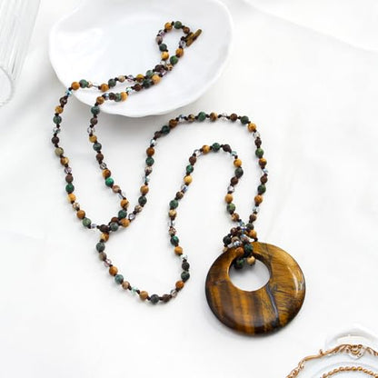 Yomisa Long Necklaces for Women Trendy, 33/34/35 inch | Boho Beaded Necklaces for Women, Natural Stone Pendant, Handmade Knotted Bead, Bohemian Holiday Summer Western Charm Jewelry - color: 33inch-Tiger Eye