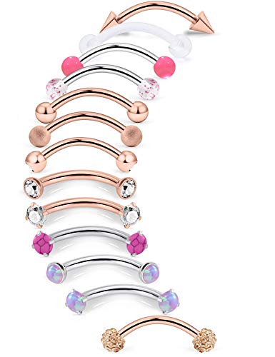 Jenxnjsjo 16g 6/8/10mm Eyebrow/Rook/Snug/Vertical-Labret/VCH/Snake-Eyes/Anti-Tragus/Christina/Daith/Belly-Button/Bridge/Hood/Surface Curved Barbell Piercing Jewelry for Women Men - color: 13PCS, Rose-Gold, size: 10mm