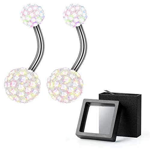 2-Piece 14G Belly Button Rings, Rhinestone Disco Balls | Hypoallergenic stainless steel with 5mm top and 8mm bottom rhinestone balls, gift-boxed navel piercing jewelry for women - color: Colorful