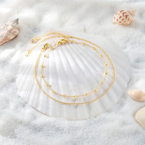 Gold Anklet Set for Women, Layered Beach Anklets | Layered gold-tone ankle bracelets, designed for beach days, vacations, and summer wear - style: Gold Anklet 2