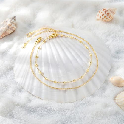 Gold Anklet Set for Women, Layered Beach Anklets | Layered gold-tone ankle bracelets, designed for beach days, vacations, and summer wear - style: Gold Anklet 2